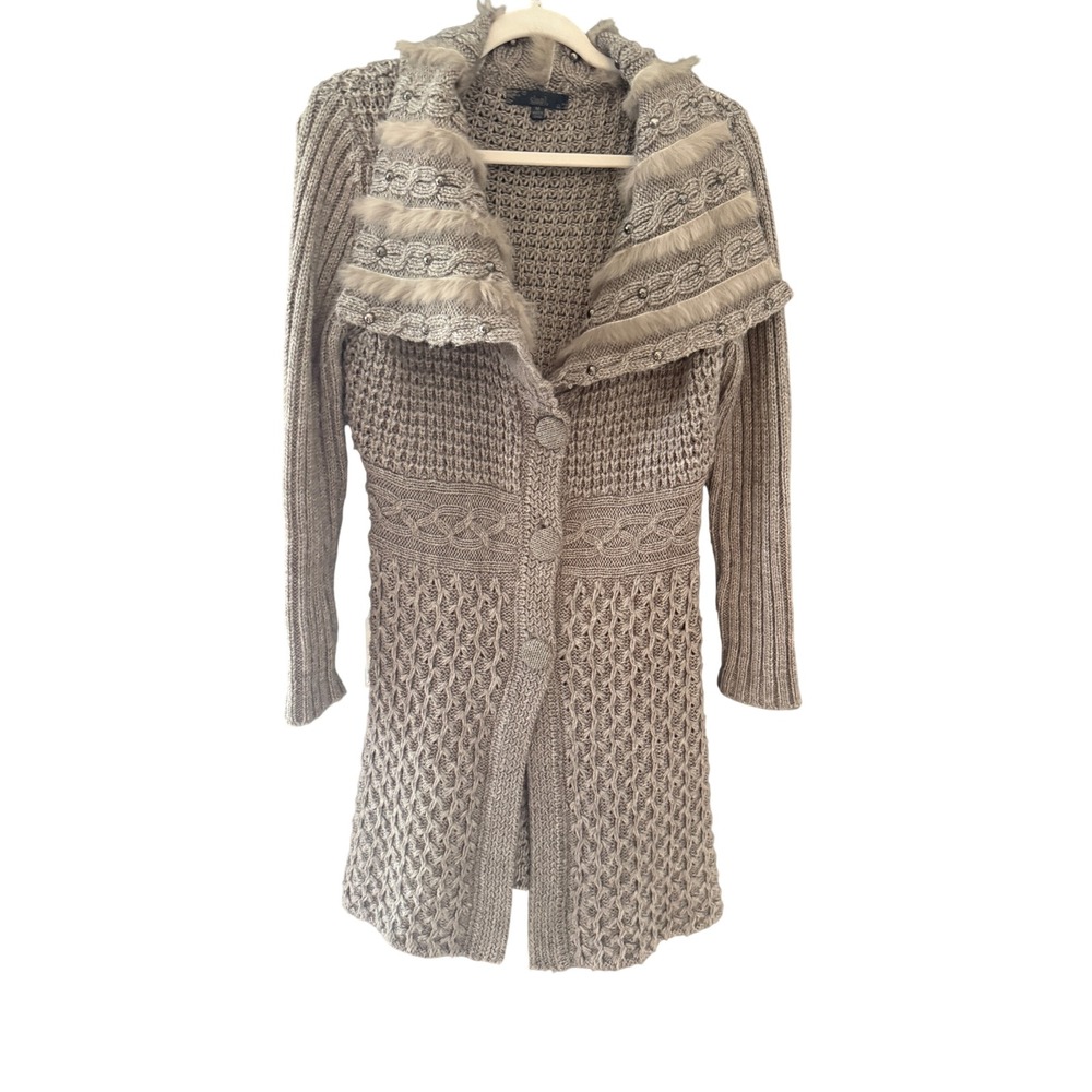 Sioni Women Taupe Gray Wool Blend Faux Fur Trim Studded Long Cardigan Sweater M